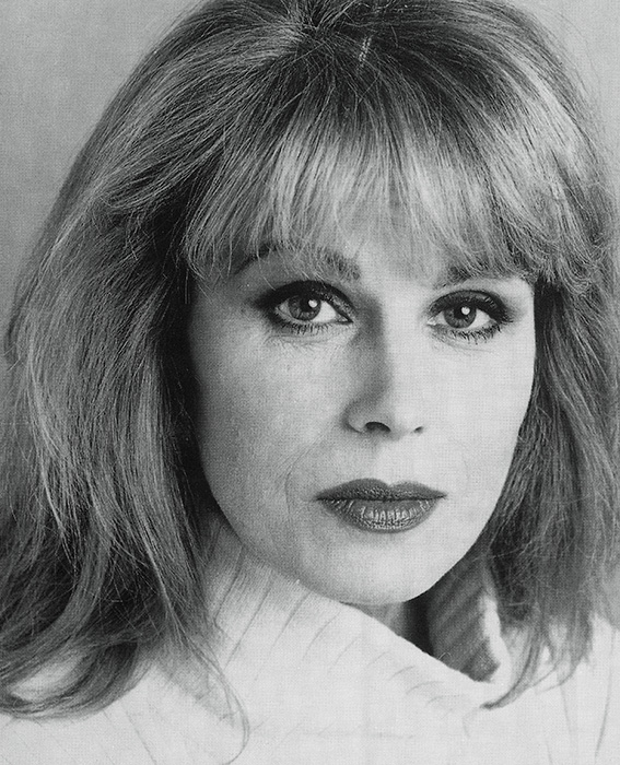 Black and white photograph of Joanna Lumley